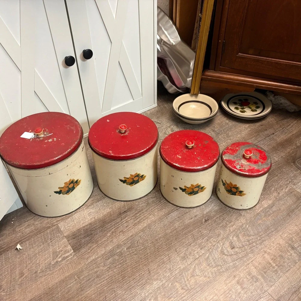 Vintage Metal Kitchen Canister Set Primitive Fruit Decal Farmhouse Decor